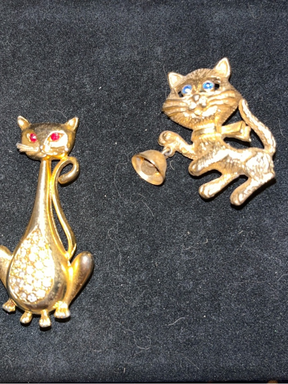 Avon Gold Cat Brooches with Red and Blue Eyes